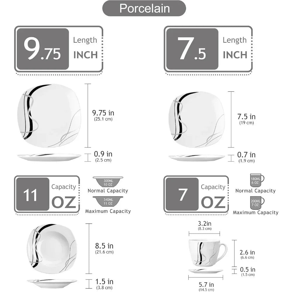 30-Piece Dinnerware Sets for 6, Porcelain Dinner Set Including Dessert Plates, Soup Plates, Dinner Plates, Cups & Saucers