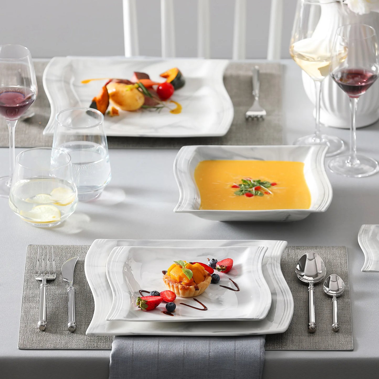 30/60PCS Marble Porcelain Dinnerware Set with 12*Dinner Plate, Dessert Plate, Soup Plate, Cups & Saucers Tableware Set