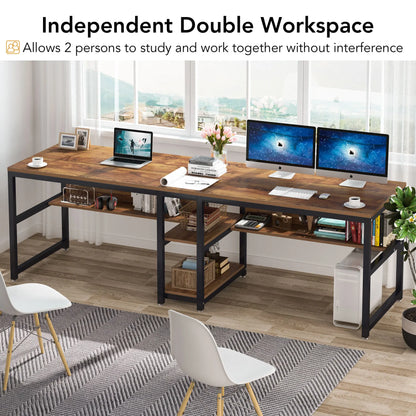 Tribesigns Two Person Desk with Bookshelf, 78.7 Computer Office Double Desk for Two Person, Rustic Writing Desk Workstation