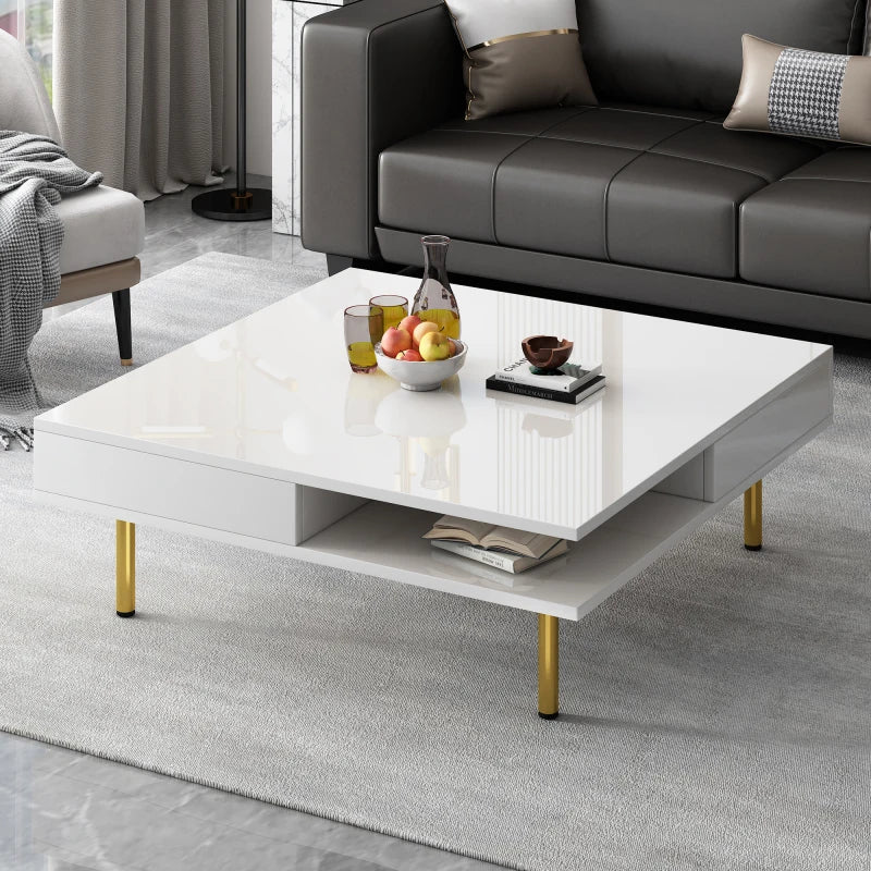 Exquisite High Gloss Coffee Table with 4 Golden Legs and 2 Small Drawers, 2-Tier Square Center Table