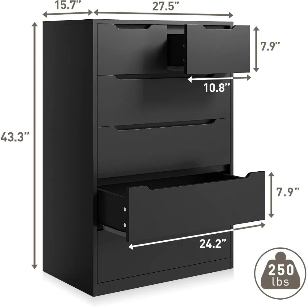 Dresser for Bedroom, Dresser with 6 Wood Drawers Tall Dresser with Large Organizer, Wood Dressers & Chests of Drawers Black/White