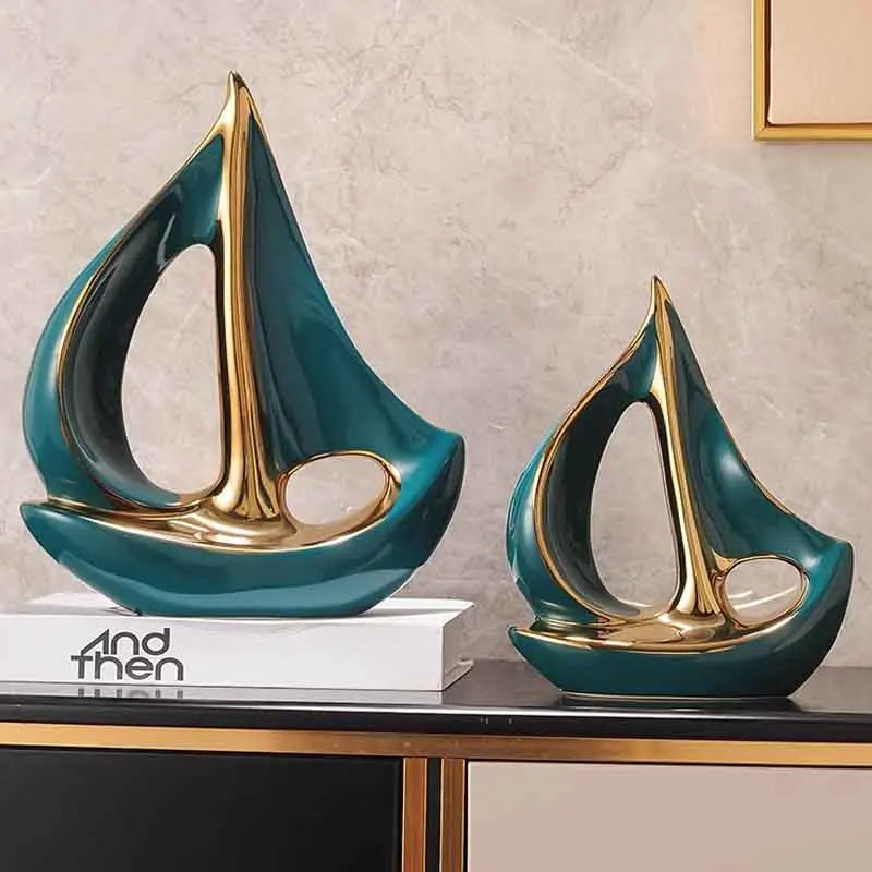 1PCS Ceramic Luxury Sailboat Sculpture Post-modern Living Room Ornaments Office Desk Accessories Decorative Boat Figurines Craft