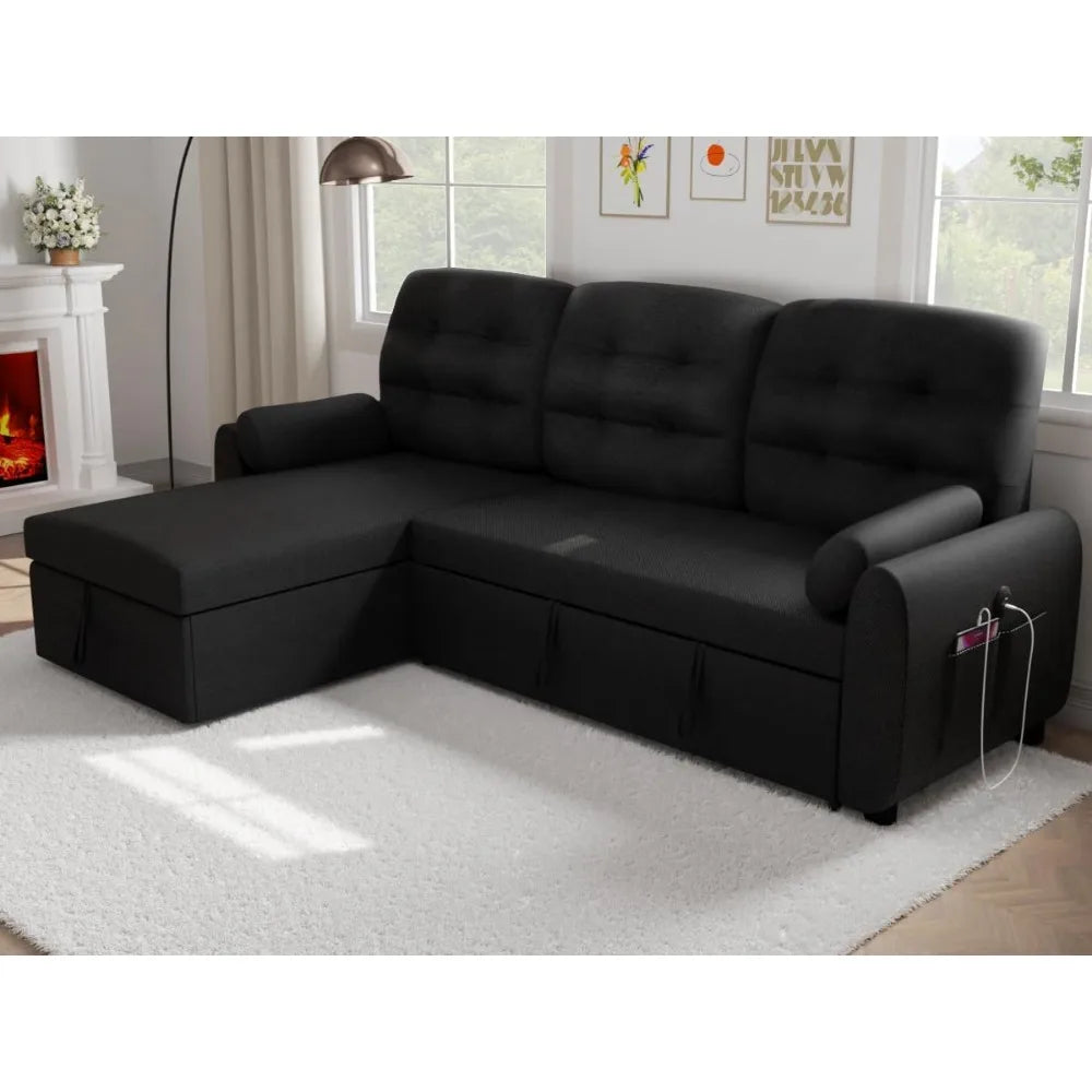 Sectional Sofa Couch, 87" Sleeper Sofa Bed with Reversible Storage Chaise Pull Out Couch for Living Room | Side Pocket