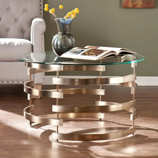 Contemporary Round Glass Top Coffee Table, 32D x 32W x 18.5H in, Champagne, coffee table