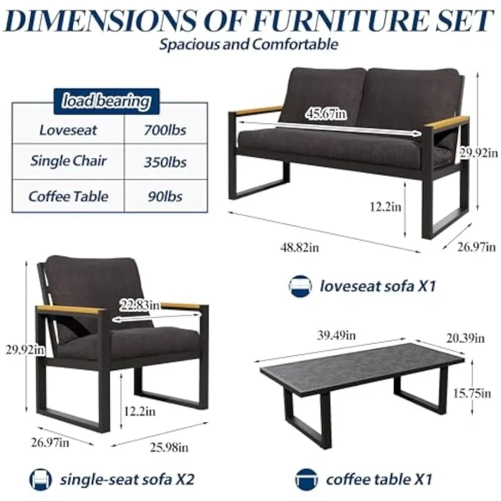 4 Pieces Aluminum Frame Furniture Set - Patio Modern Conversation Sofa Set, Garden Furniture Set with Single Chairs for Balcony