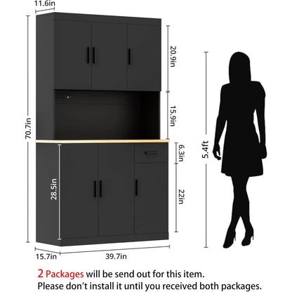 Cabinet, 71" Tall Kitchen Hutch with countertop with Power Outlet