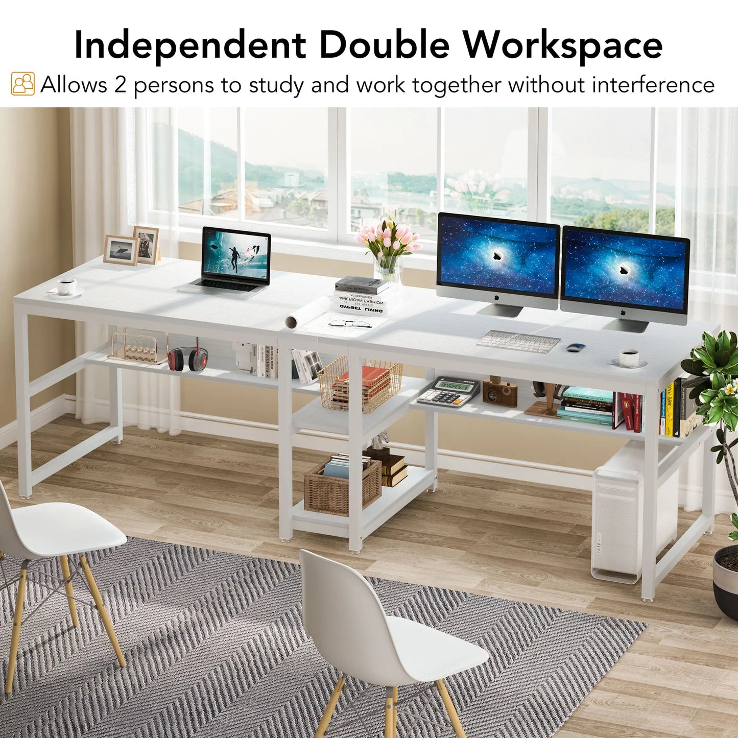 Tribesigns Two Person Desk with Bookshelf, 78.7 Computer Office Double Desk for Two Person, Rustic Writing Desk Workstation