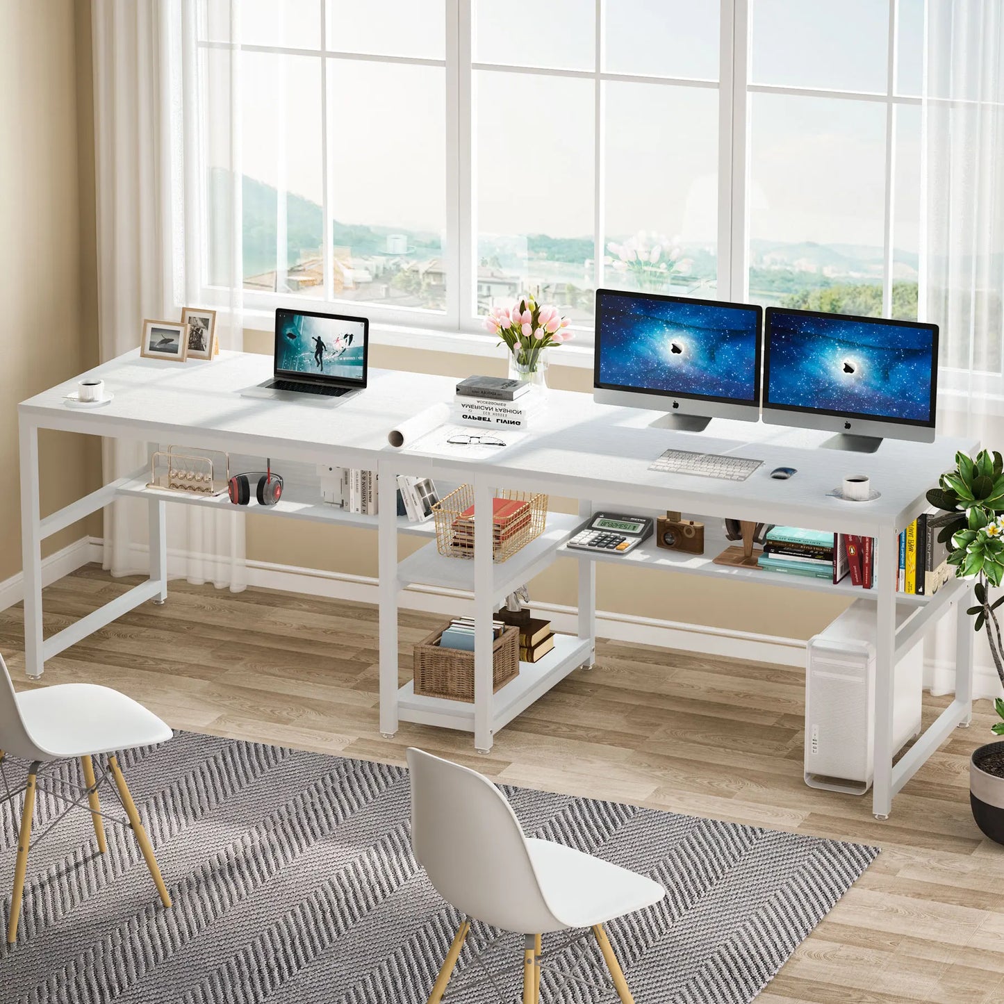 Tribesigns Two Person Desk with Bookshelf, 78.7 Computer Office Double Desk for Two Person, Rustic Writing Desk Workstation